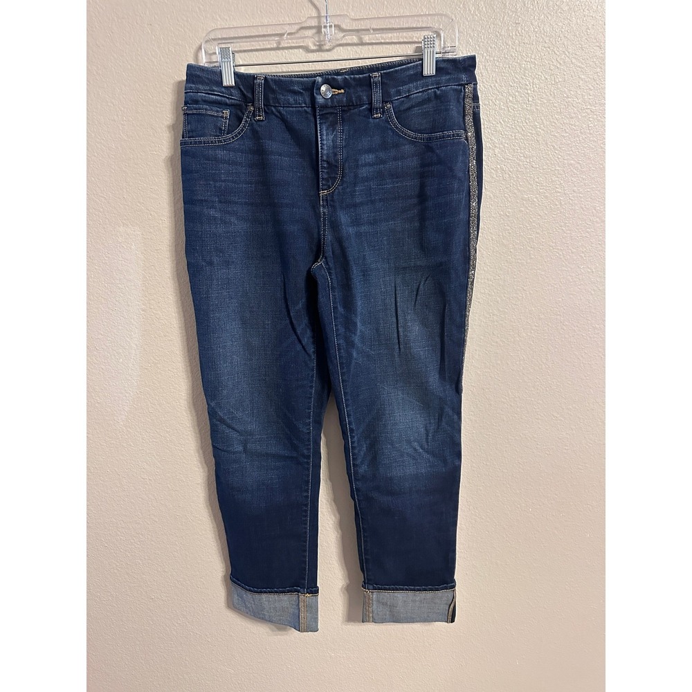 Chico's Zenergy Dark Wash Denim Embellished Rhinestone Trim Cuff Jeans